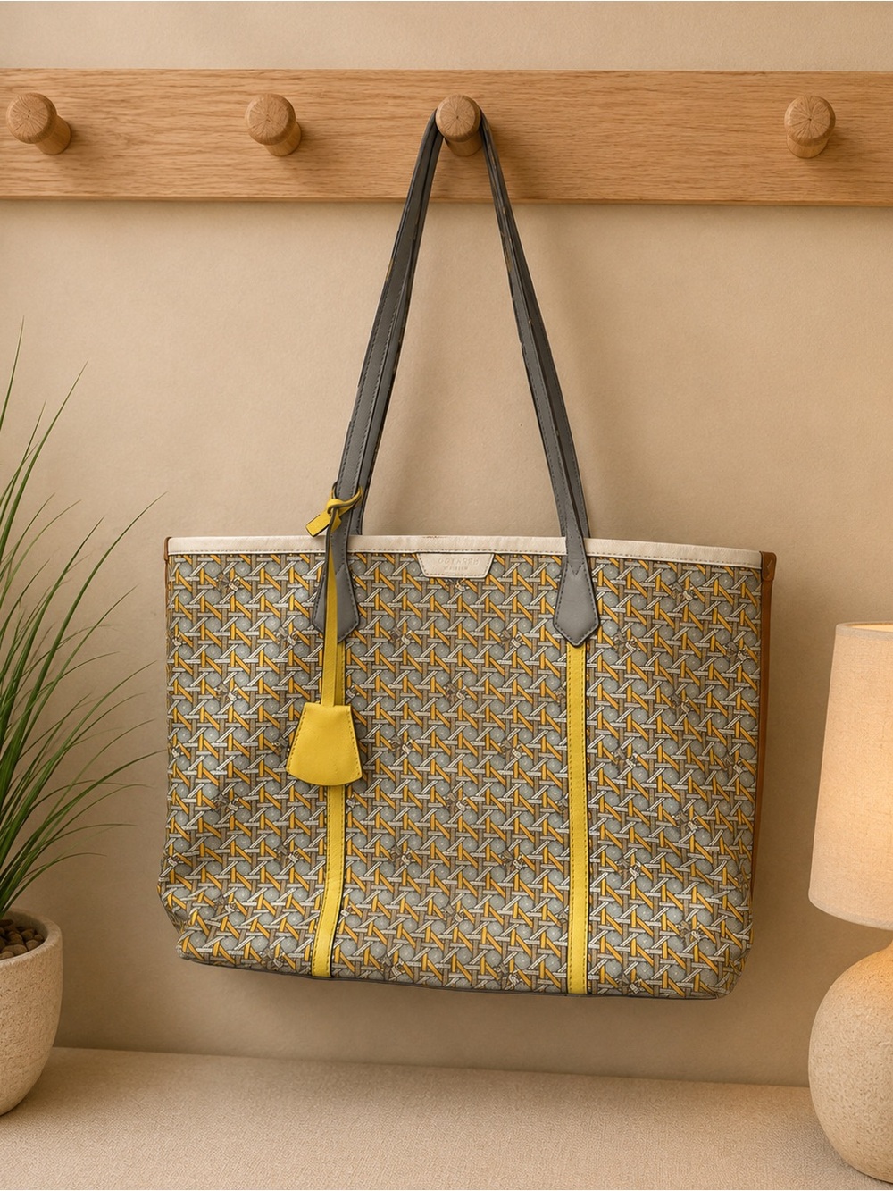Tory Burch Perry Canvas Tote Bag Purse Weave Large Medium White Blue Yellow